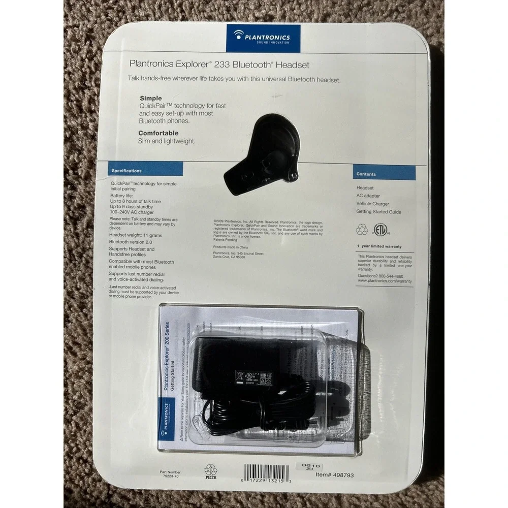 NEW Plantronics Explorer 233 Bluetooth Earpiece with Car Charger Sealed Phone
